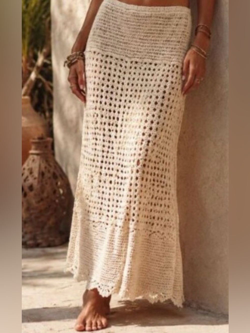 Boho Crochet Maxi Skirt in Cream Beige Summer Style M nwt